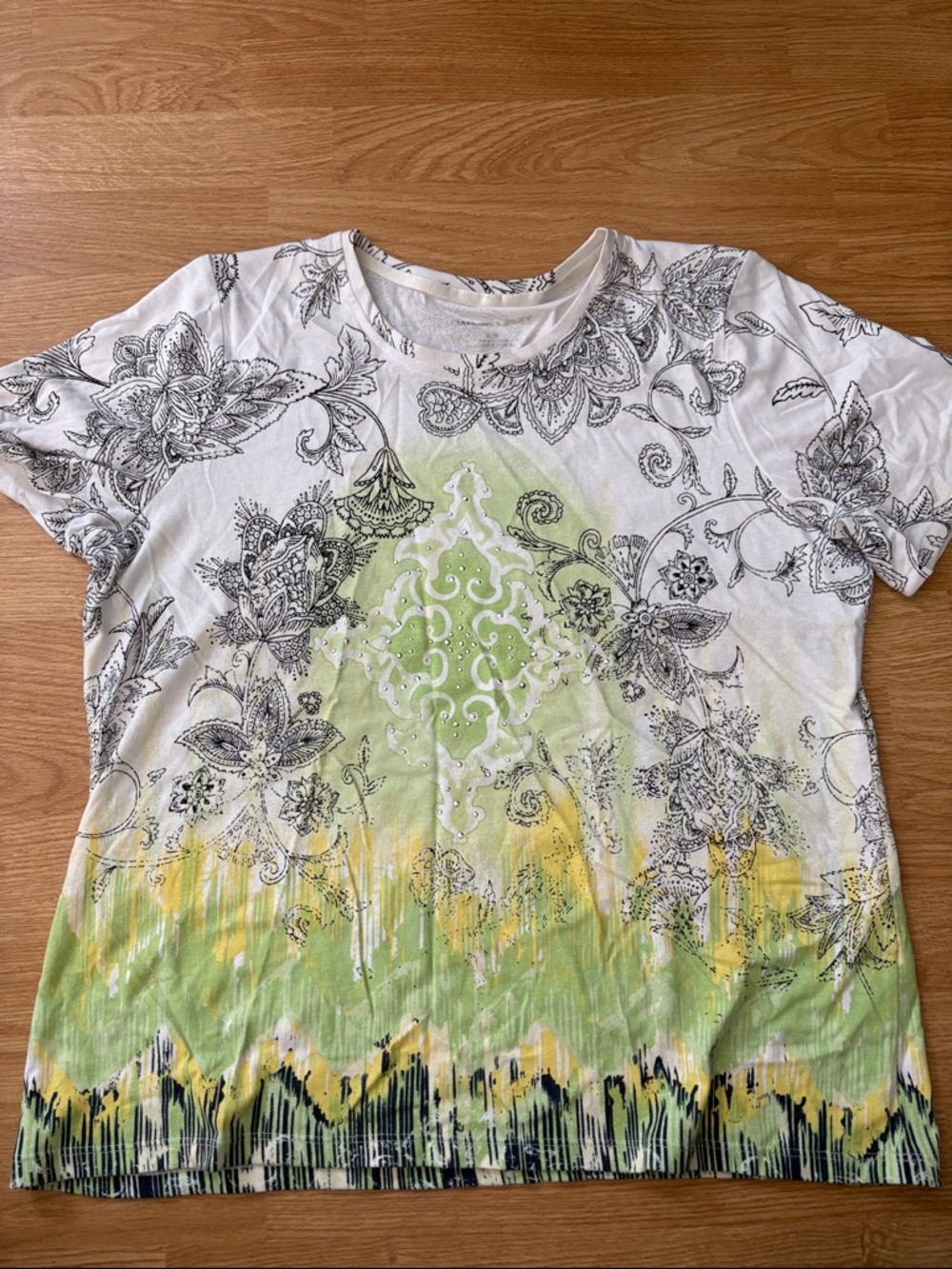 Allison Daley White Short Sleeve Tee with Green and Yellow Accents